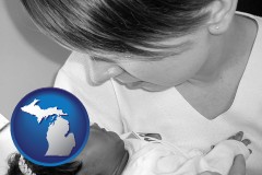 michigan map icon and an adopted baby with its adoptive mother